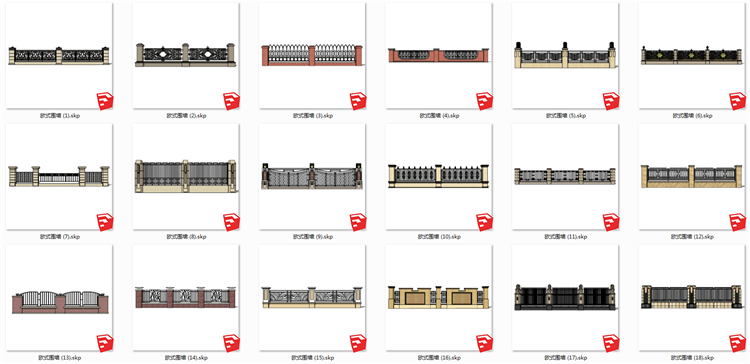 T434现代欧式风格围墙SU模型新古典风英法式小区围栏SKP格...-7