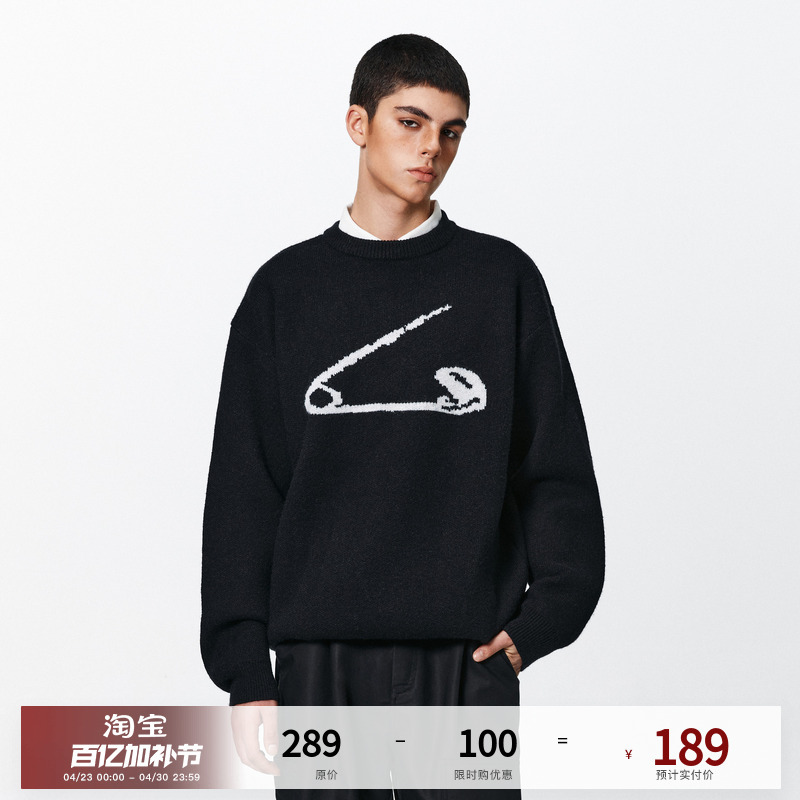 Pclp Jacquard Round Neck Sweater, Spring and Autumn American Retro Lazy Style Trendy Brand Pullover Knitwear for Men