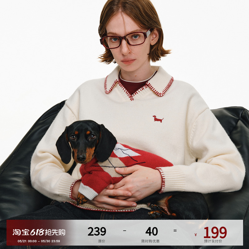 Pclp Polo Lapel Sweater, Autumn and Winter Design with Interesting Puppy Embroidery, Couple's V-Neck Pullover Knitwear Pclp Polo Lapel Sweater, Autumn and Winter Design with Interesting Puppy Embroidery, Couple's V-Neck Pullover Knitwear
