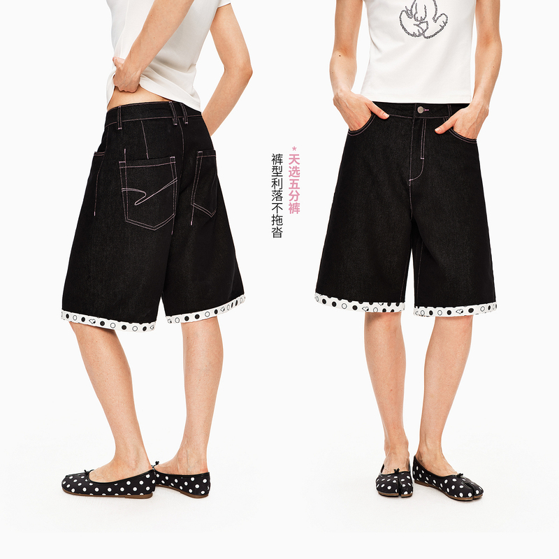 Pclp×Snoopy Collaboration Snoopy Polka Dot Pleated Raw Denim Shorts Loose Casual Shorts