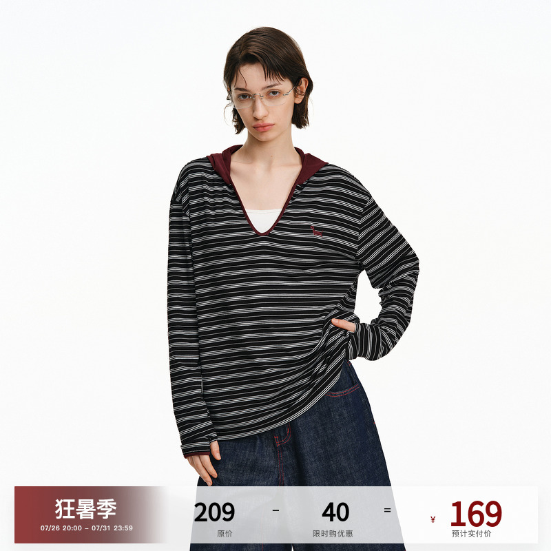 Pclp Striped Color-Blocked Hooded Blouse, Autumn and Spring Tencel V-Neck Top, Retro Low-Neck Loose Long-Sleeve T-Shirt
