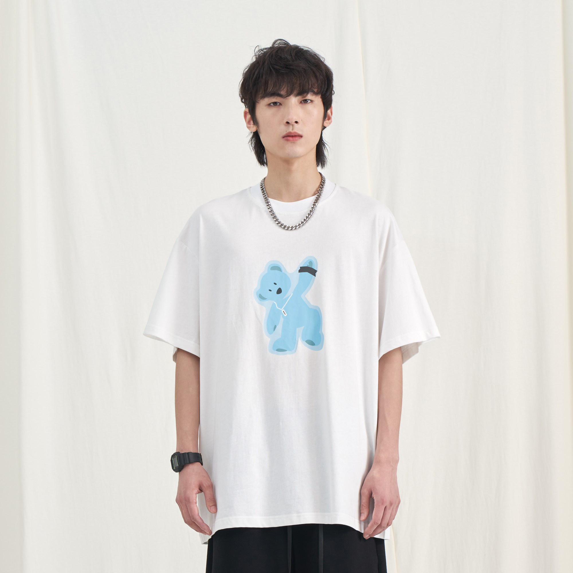 PCLP blue small bear short sleeve country tide card summer pure cotton boomer loose round collar casual half sleeve T-shirt man