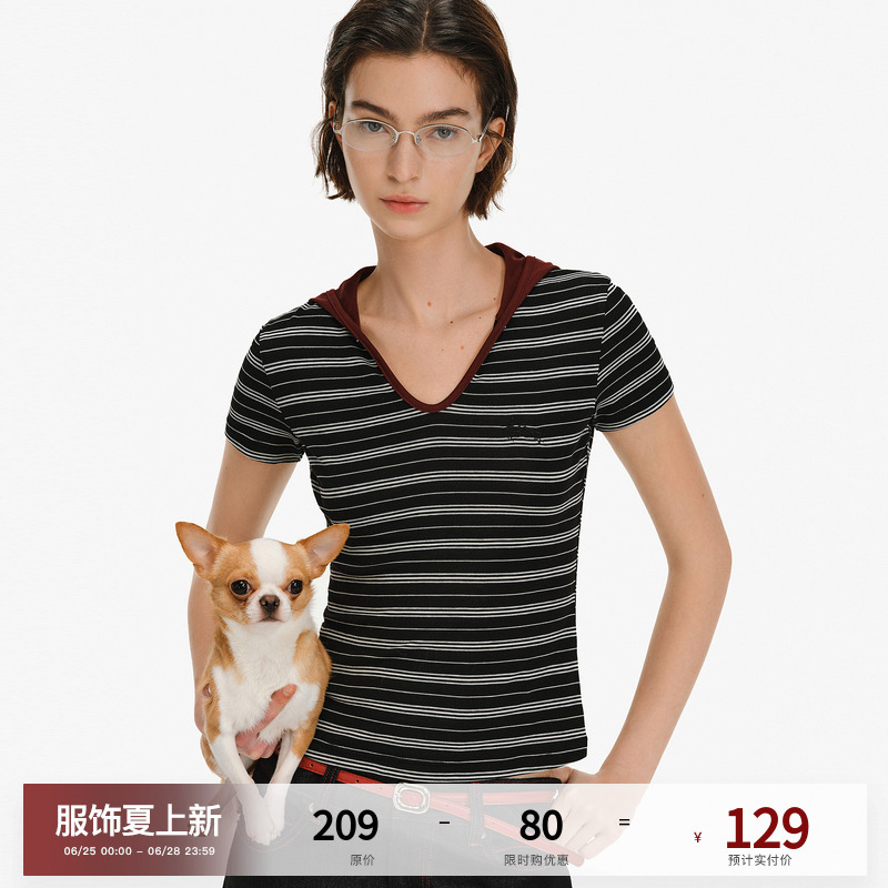 Pclp Lyocell Tencel Color-Block Striped Hooded Short-Sleeve Women's Summer Slim-Fit T-Shirt