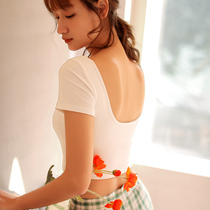 Cotton short T-shirt womens short sleeve summer new backless high waist French slim with chest pad white round neck top