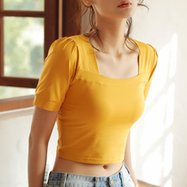 Cotton short T-shirt womens collar short sleeve 2021 summer new design sense tide high waist Korean version with chest pad top