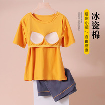 With chest cushion Sleeping woman Summer 2021 New one-piece short sleeve pure cotton can pass through the door two sets of home clothes