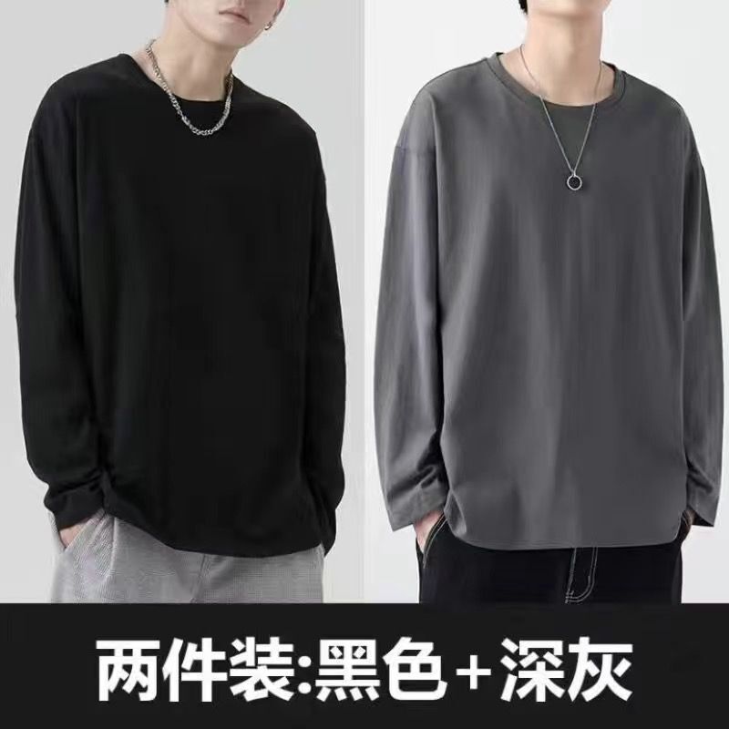 Plus-Size Men's Solid Color Base Shirt, Couple's Outfit, Spring and Autumn Long-Sleeve T-Shirt, Top Layering Shirt, Crew Neck Sweatshirt