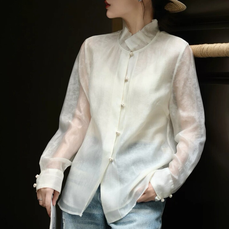 Nanyou High-Quality 2026 Early Autumn/Winter New Original Stand Collar Buttoned Tencel Organza Chinese Style Long-Sleeve Top for Women