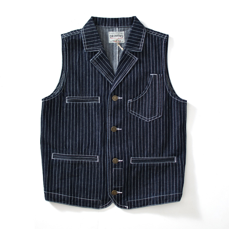 American Retro Khaki Suit with Vertical Stripes, Biker Hunting Original Color Denim Workwear Denim Vest for Men