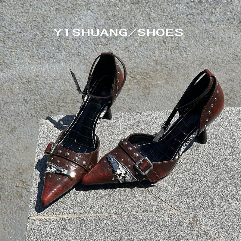 Sheepskin Version! Retro Punk Hot Girl Style Snake Print Chain Pointed Toe Ankle Strap Stiletto High Heels Sheepskin Version! Retro Punk Hot Girl Style Snake Print Chain Pointed Toe Ankle Strap Stiletto High Heels