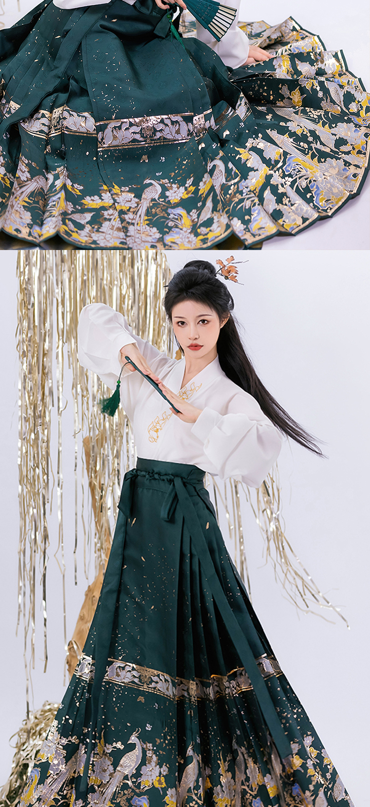 【中国直邮】荨茉 青锦阁 夏季新款中式明制织金马面裙汉服套装 黑色马面裙+白色交领上衣 S