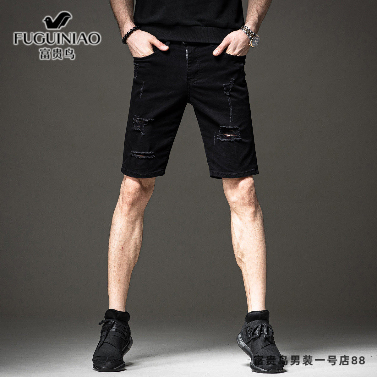 Rich bird thin black ripped denim shorts 2021 summer new Korean version trend men's casual five-point pants