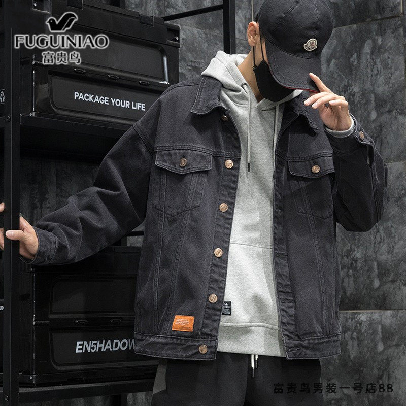 Rich bird black denim jacket men's spring and autumn new Korean version of the trend high-end tooling casual jacket men