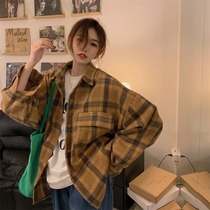 Korean chic plaid shirt womens design sense niche autumn bf lazy style retro loose long-sleeved jacket top