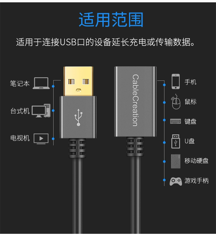 CableCreation cáp mở rộng USB sạc nam mở rộng dòng dữ liệu nối nhôm của người mẹ 0,5 m 1 m 2 m 3 m điện thoại bàn phím chuột U-tốc độ thẻ máy tính USB2.0 - USB Aaccessories