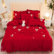 Red wedding bed set bedspread single-piece bed skirt 2021 new bed cover woman married bed sheet wedding lotus leaf