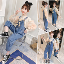 Girls jeans back with pants foreign air CUHK Childrens autumn clothes 2021 new Korean version Childrens tennis red one-piece hanging band pants