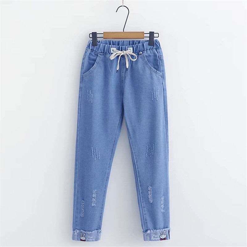 Mori girls junior high school girls casual straight hole jeans loose big boys girls spring and autumn tie trousers