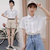 White striped short-sleeved shirt womens summer 2022 new casual girl Japanese college style loose embroidered shirt