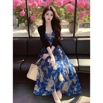 European summer new style French retro high-end exquisite goddess style black cardigan suspender dress two-piece set