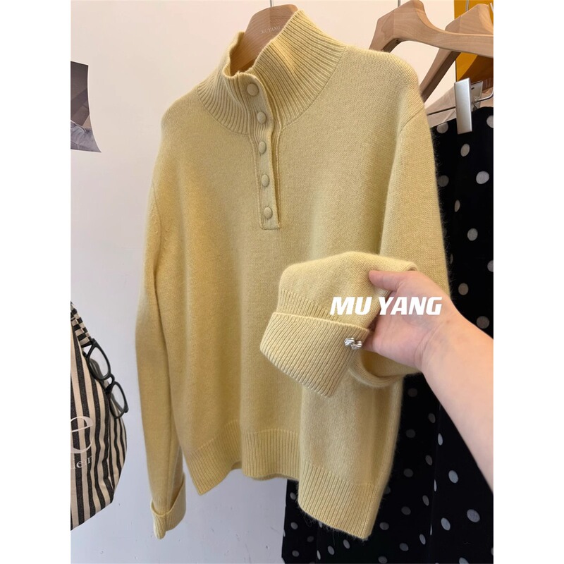 Half-High Collar, Half-Buttoned Stand-Up Collar Pullover Sweater for Women, Spring, Autumn, and Winter, with a Soft and Stylish Design, Suitable as an Inner Layer, Casual Knit Top