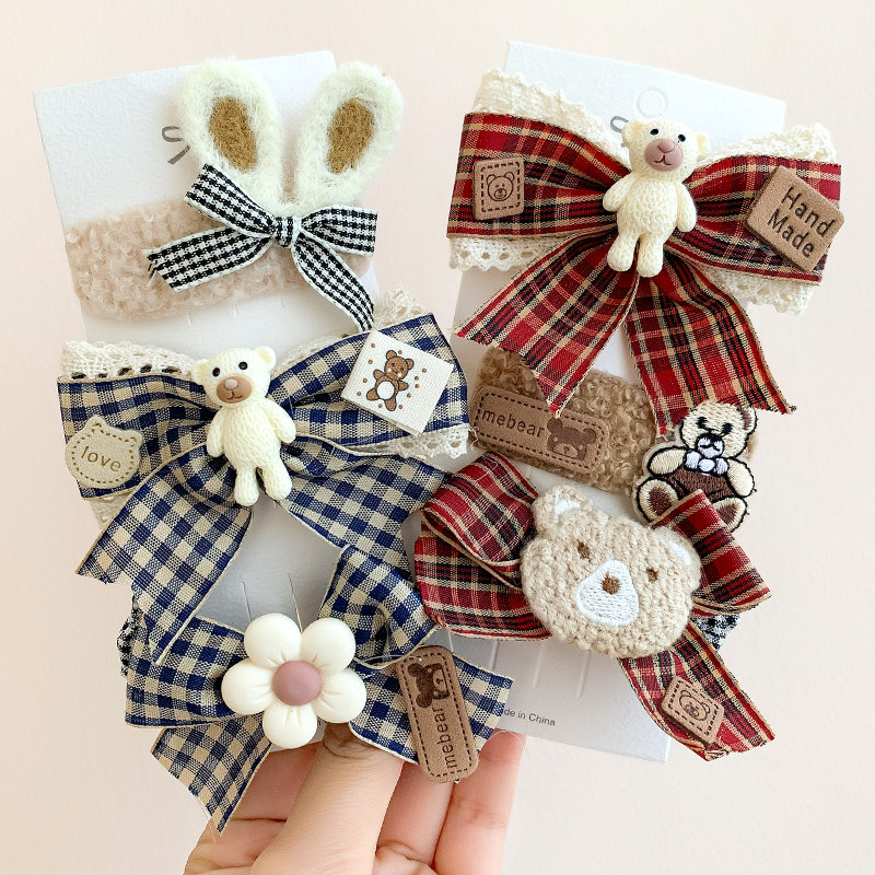 Children's rubber band hair ring girl's hair ring plaid bear baby hair clip does not hurt hair clip head rope princess bow hair accessories