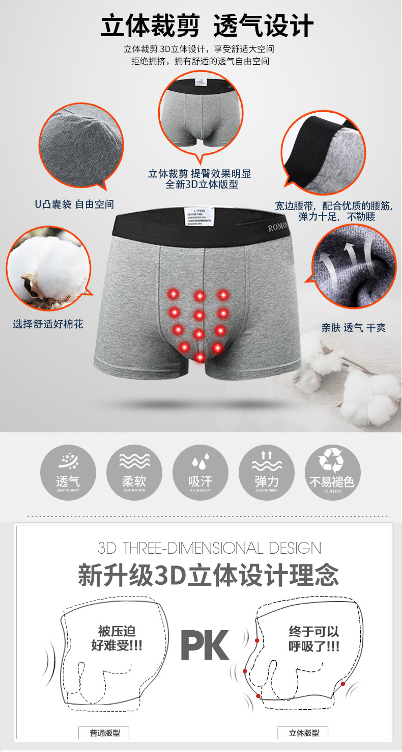 罗蒙 男士40支精梳棉 透气抗菌平角内裤 4条装 图3
