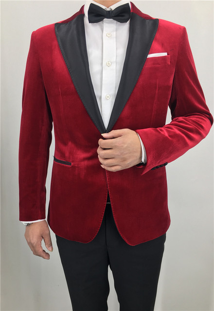 ແບບດຽວກັນຂອງ Star's burgundy velvet slim men's suit custom groom wedding suit host banquet top