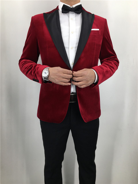 ແບບດຽວກັນຂອງ Star's burgundy velvet slim men's suit custom groom wedding suit host banquet top