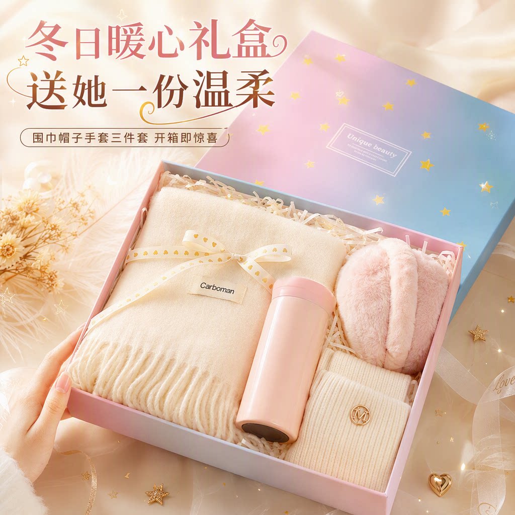 Scarf for Women 2026 New Winter Birthday Gift Hat, Gloves, and Scarf Three-Piece Set for Girlfriend, Warm Gift Box Set