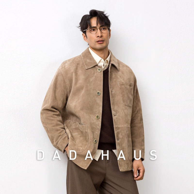 Old Money Style High-End Suede Sheepskin Genuine Leather Jacket for Men, 2026 Autumn Mid-Length Versatile Commuter Leather Jacket
