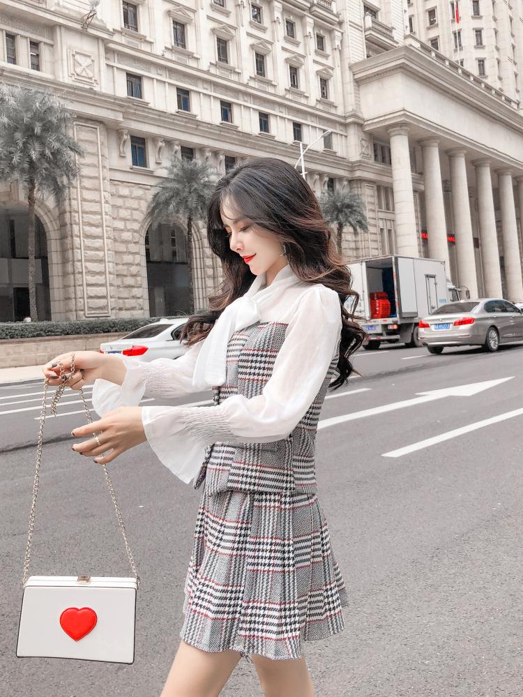 DABI 韓系蝴蝶結拼接百褶裙套裝長袖裙裝 DABI 韓系蝴蝶結拼接百褶裙套裝長袖裙裝