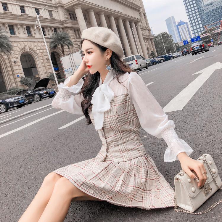 DABI 韓系蝴蝶結拼接百褶裙套裝長袖裙裝 DABI 韓系蝴蝶結拼接百褶裙套裝長袖裙裝