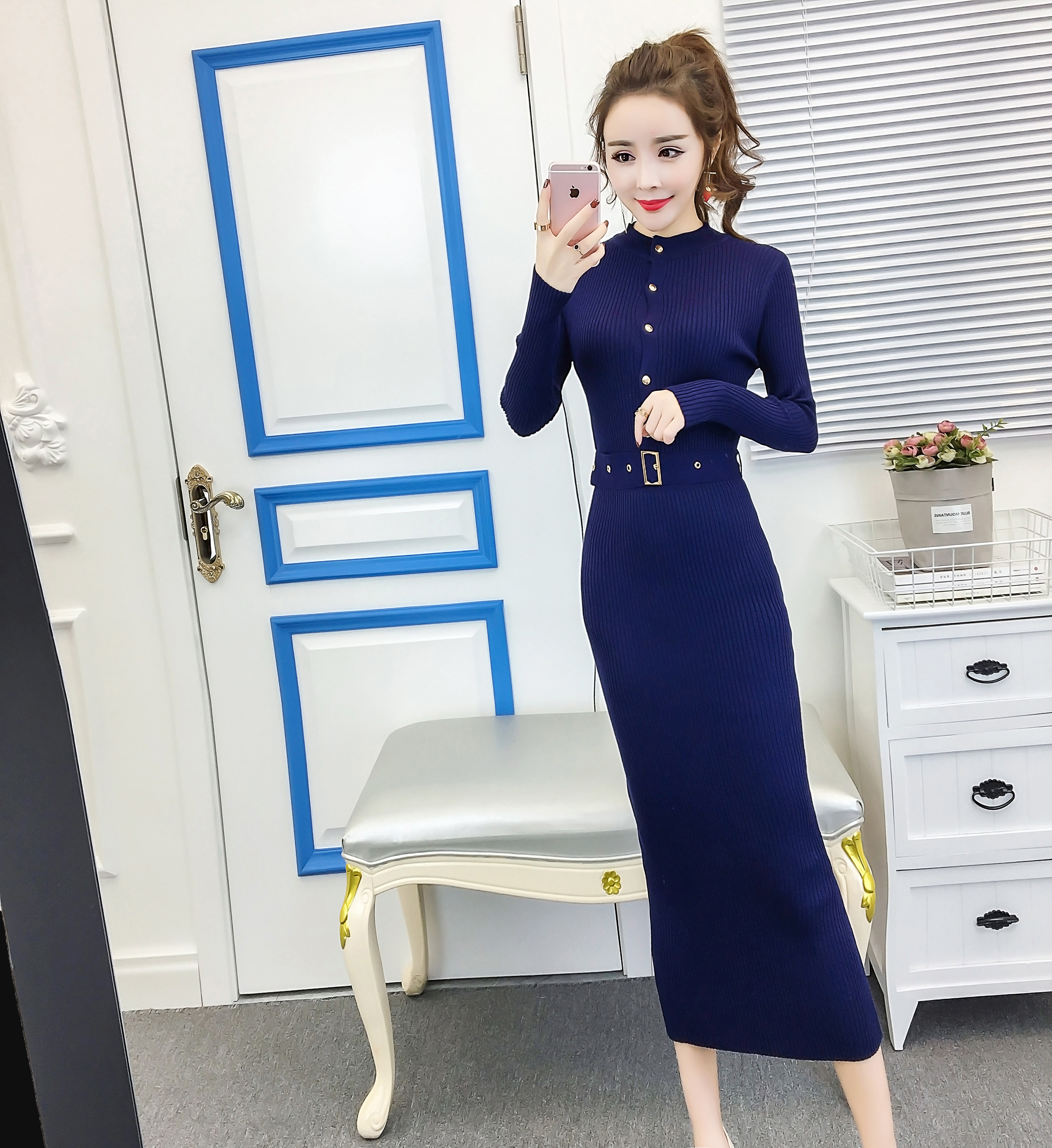 DABI 韓國風單排扣修身包臀純色長款針織長裙長袖洋裝