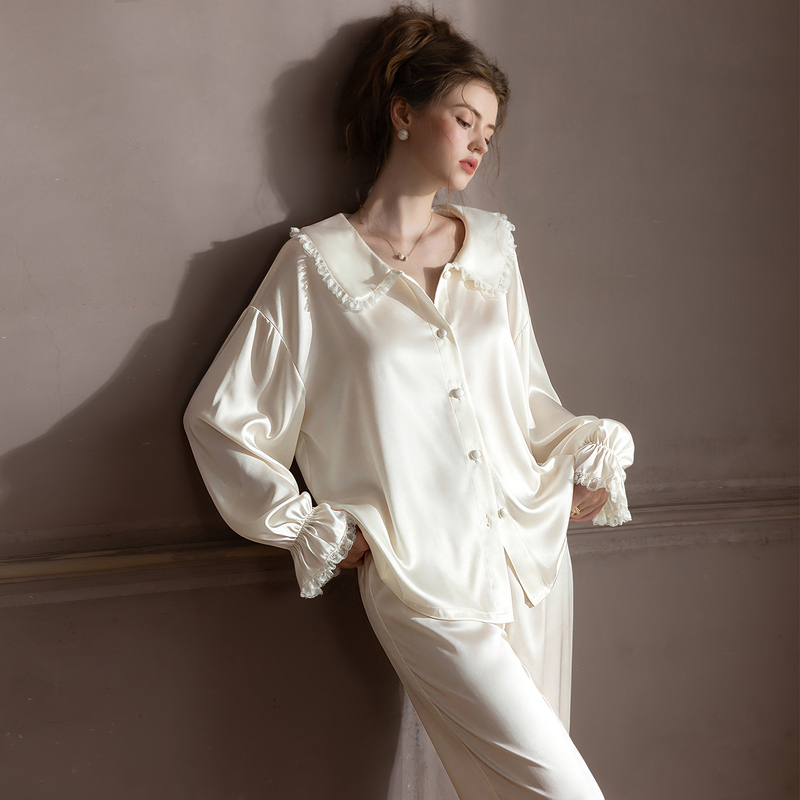 Forced to Sell Pajamas: 19mm Mulberry Silk Long-Sleeved Long Pants Pajama Set, Silk Lace Doll Collar Loungewear for Women