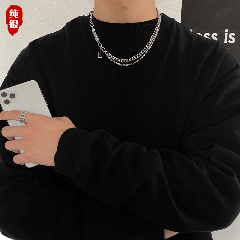 Letter Black Gem Necklace Men's Pure Silver Light Extravagant DOUBLE LOCK BONE CHAIN 2022 NEW TIDE CARDS 520 GIFTS