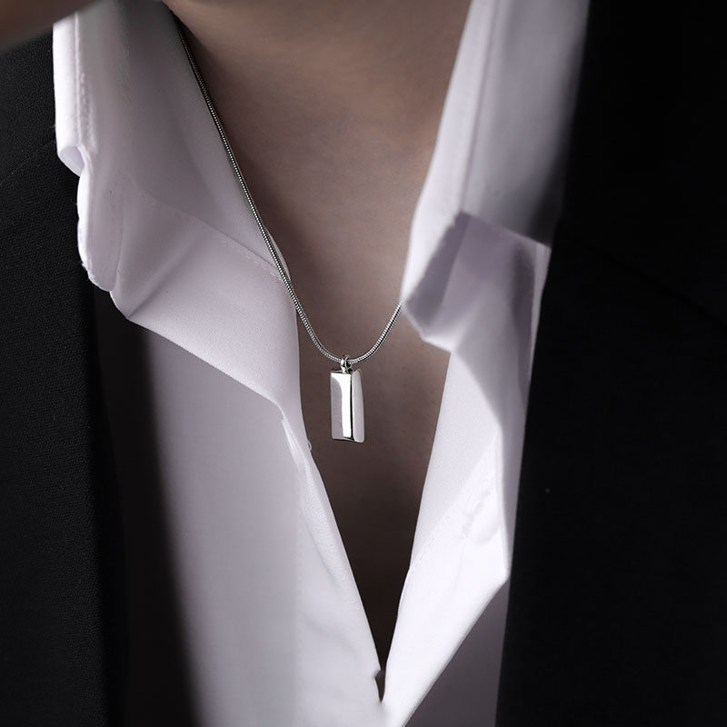 Pure silver small silver tile pendant necklace male fine fashion cold wind in small size and simple lettering and clothes