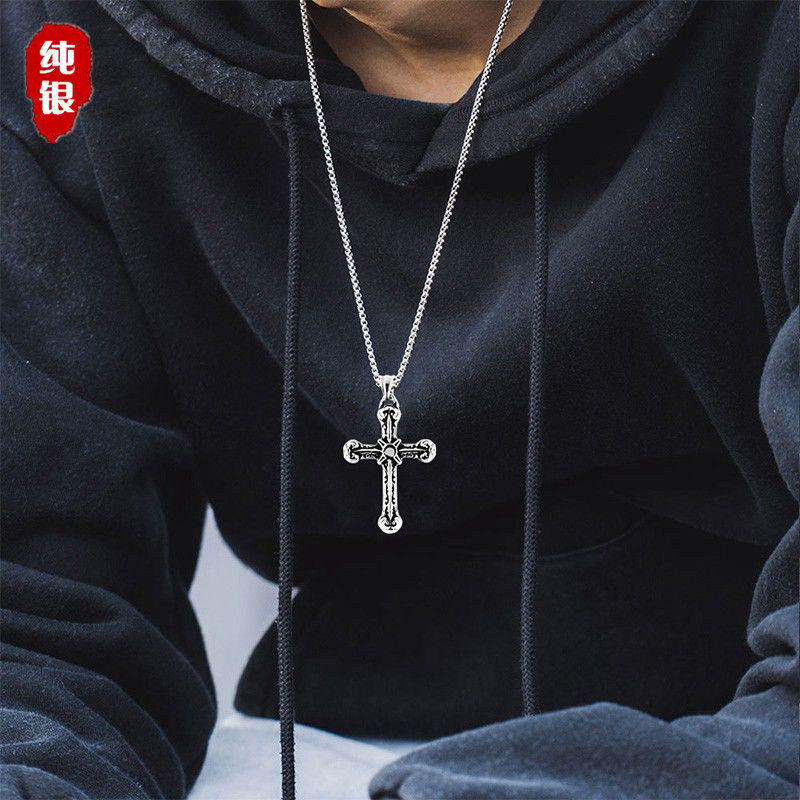 Sterling silver cross necklace men do not fade trendy hip hop retro European and American street hiphop personality sweater chain accessories