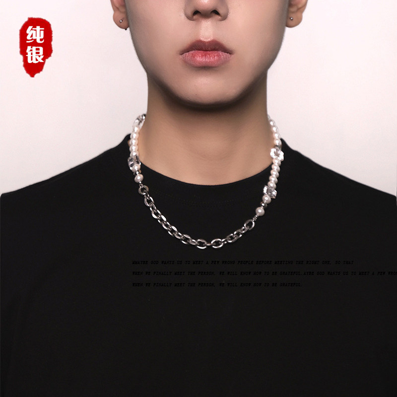 Sterling silver square crystal pearl stitching necklace boys trendy hip-hop 2022 new light luxury original collarbone chain women