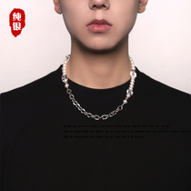 Sterling Silver Square Crystal Pearl Stitching Necklace Boys Trendy Hip Hop 2022 New Light Luxury Original Clavicle Chain Female