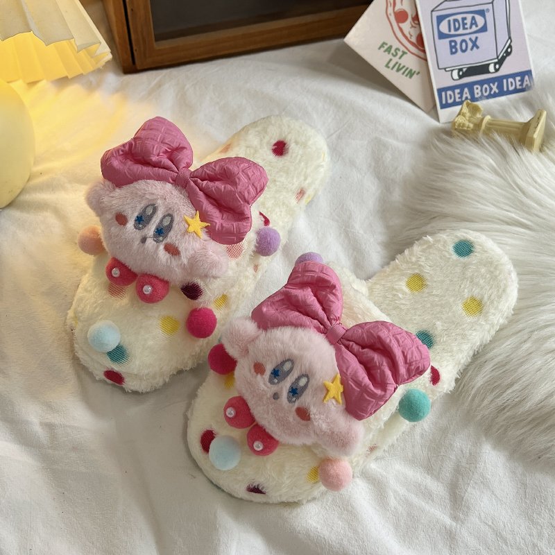 Cute Cartoon Bowknot Kirby Slippers for Women, Autumn and Winter, Student Home Use, Colorful Pom-Pom Cotton Slippers, Versatile