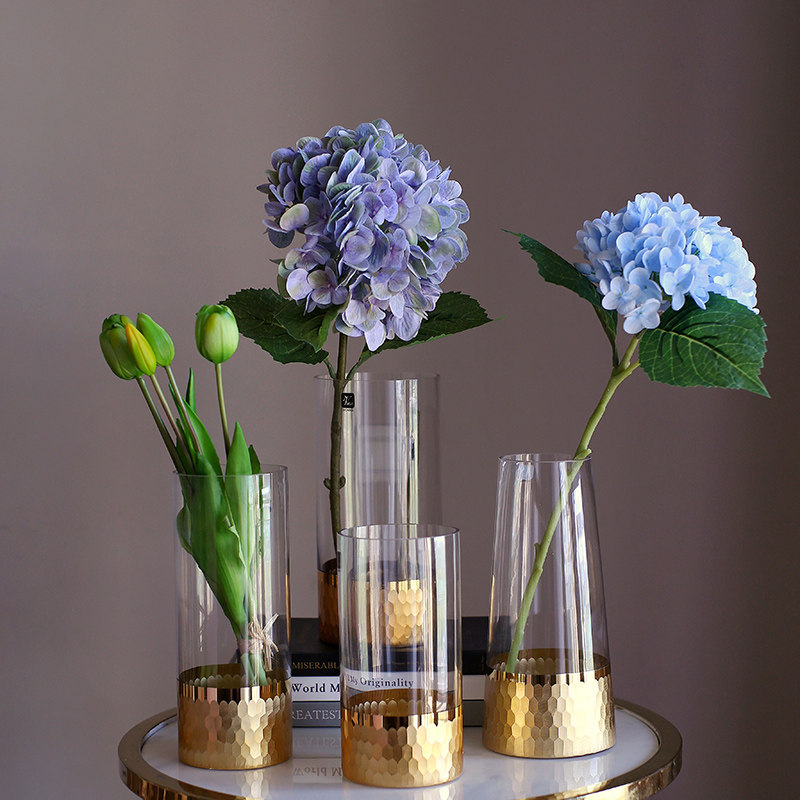 Gold hand-grinded gold foil honeycomb straight tube hydroponic glass vase Nordic style home soft decoration ornaments