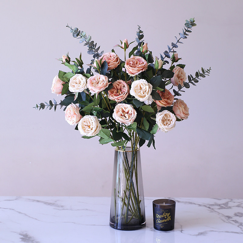 European retro three-headed Mori rose simulation bouquet fake flower decorative flower bedroom living room TV cabinet decoration