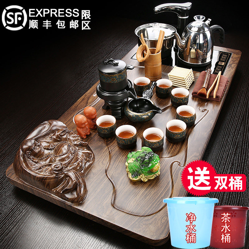 Automatic Sheung Shui tea set Household Purple Sand Gongfu Tea Road Solid wood tea tray set tea table Three-dimensional tea ceremony