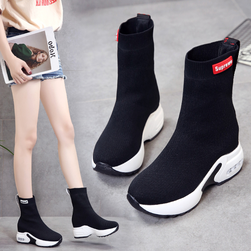 Inner Heightening Elastic Stockings Shoes Woman Han Edition Spring Autumn New 100 Hitch Lean Thick Bottom Pine Pastry Slope Heel Breathable High Drum Shoes