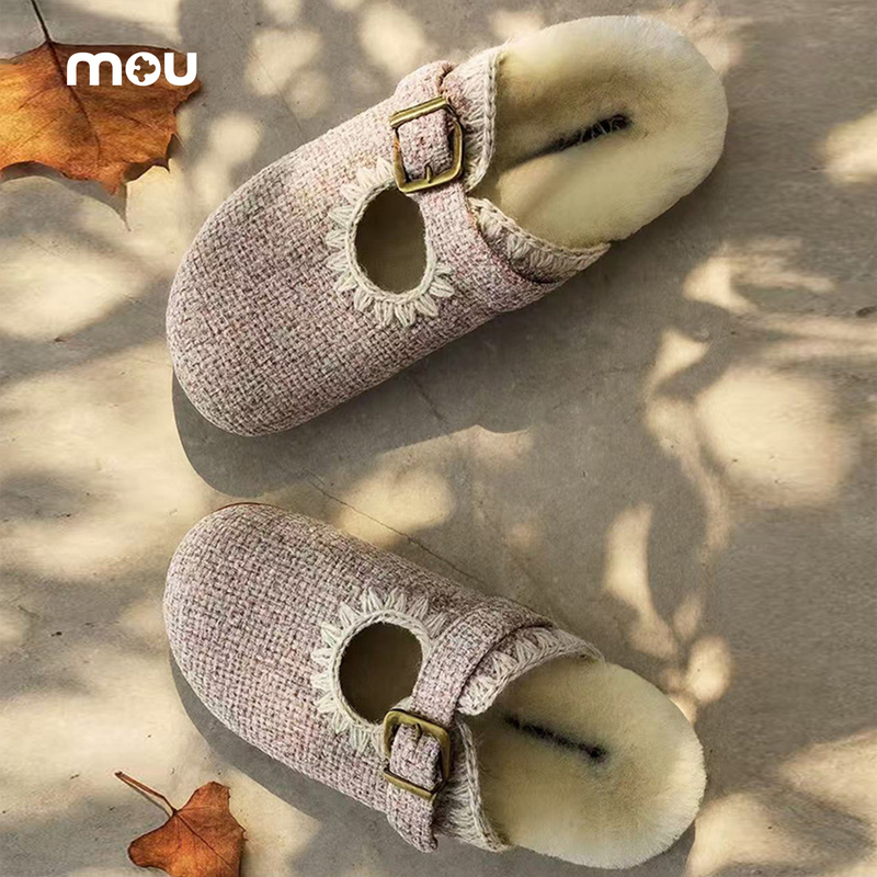 Mou Autumn and Winter Women's Wool Slippers with Open Back, Tweed Mary Jane Slip-Ons, Wool Slippers That Can Be Worn Outside