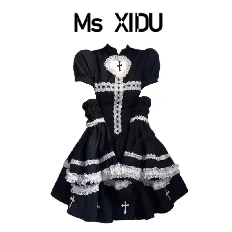 Ms XIDU Spicy Berry Subculture Lolita Color Block Cross Dress Puffy Little Black Dress Halloween Dress