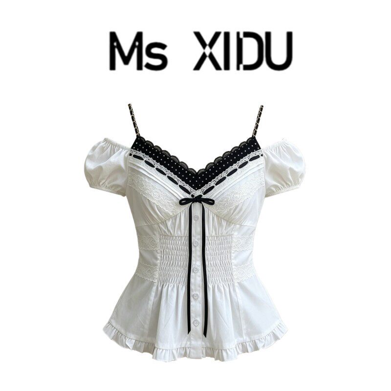Msxidu French Lace Trim Color-Blocked Faux Two-Piece Short-Sleeve Shirt for Women, Summer Slim-Fit Puff Sleeve Top