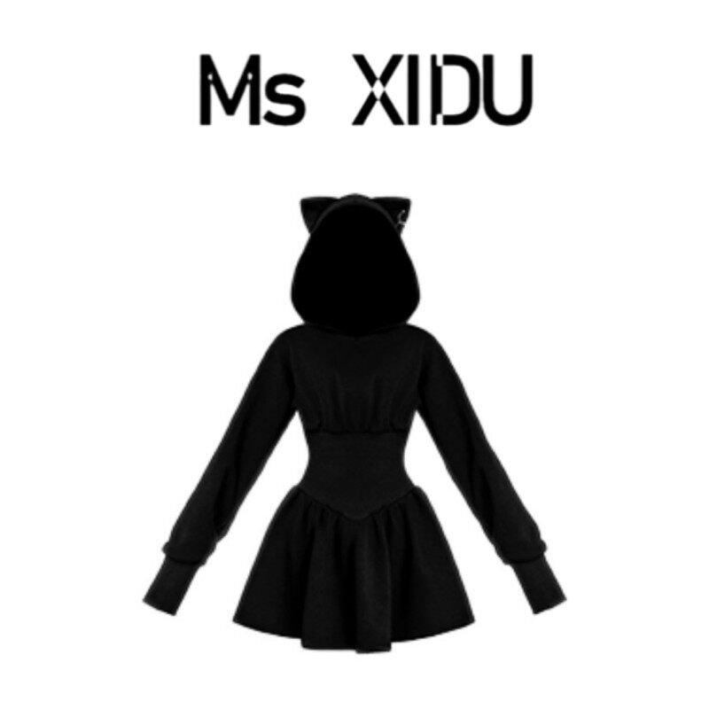 Ms XIDU Evil Kitten Dark Style Halloween Slimming Waist Long-Sleeved Sweatshirt and Fleece Lined Dress for Autumn and Winter