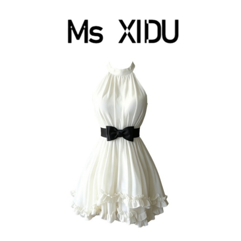 Ms Xidu Retro Elegant Lace Patchwork Halter Dress for Women, Waist-Cinching Slimming A-Line Short Dress for Summer